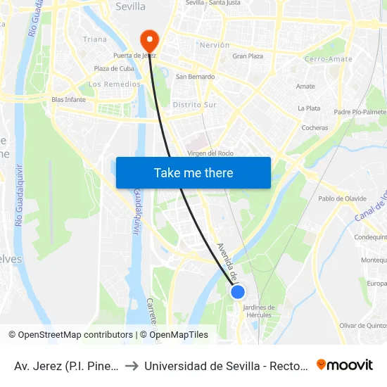 Av. Jerez (P.I. Pineda) to Universidad de Sevilla - Rectorado map