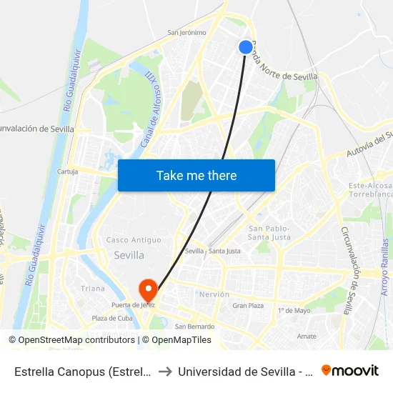 Estrella Canopus (Estrella Albireo) to Universidad de Sevilla - Rectorado map