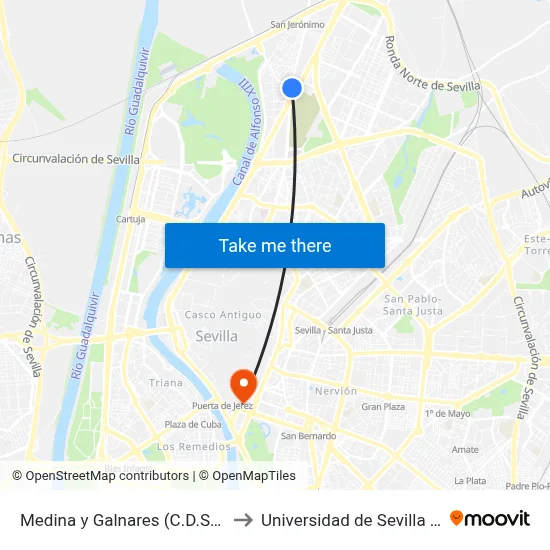 Medina y Galnares (C.D.San Jeronimo) to Universidad de Sevilla - Rectorado map