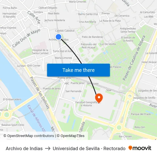 Archivo de Indias to Universidad de Sevilla - Rectorado map