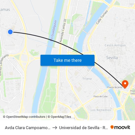 Avda Clara Campoamor (Hotel) to Universidad de Sevilla - Rectorado map