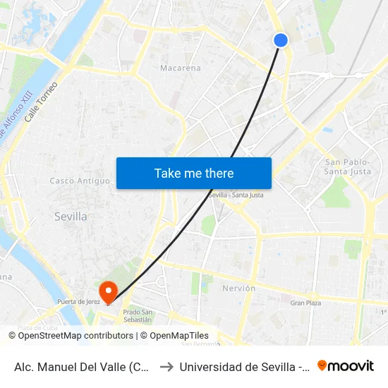 Alc. Manuel Del Valle (Centro Salud) to Universidad de Sevilla - Rectorado map