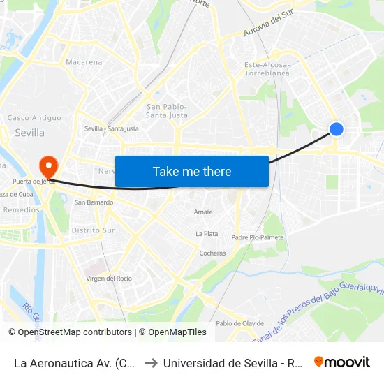 La Aeronautica  Av. (Carlinga) to Universidad de Sevilla - Rectorado map