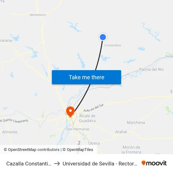 Cazalla Constantina to Universidad de Sevilla - Rectorado map