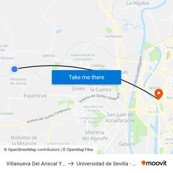 Villanueva Del Ariscal Y Olivares to Universidad de Sevilla - Rectorado map