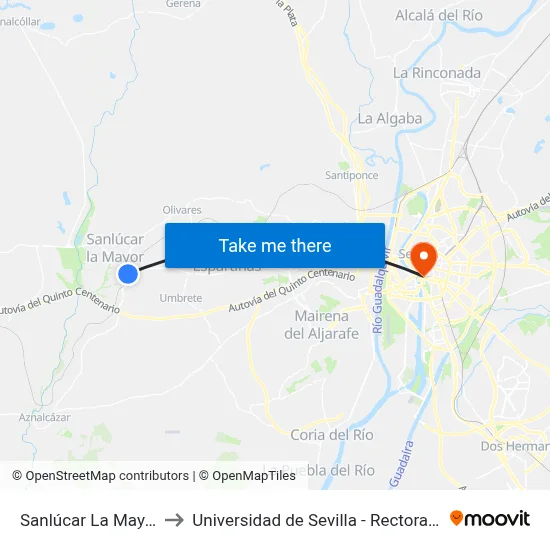 Sanlúcar La Mayor to Universidad de Sevilla - Rectorado map