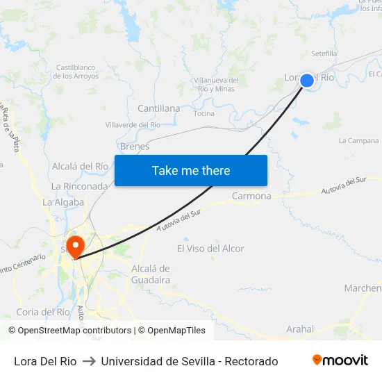 Lora Del Rio to Universidad de Sevilla - Rectorado map