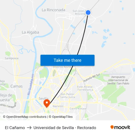 El Cañamo to Universidad de Sevilla - Rectorado map