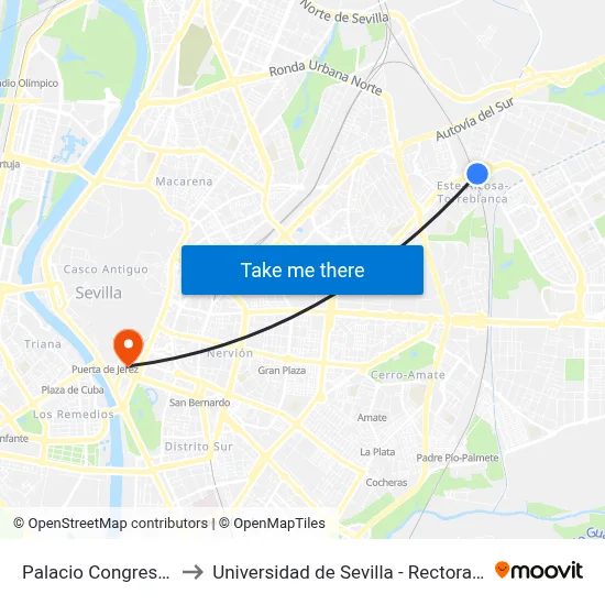 Palacio Congresos to Universidad de Sevilla - Rectorado map