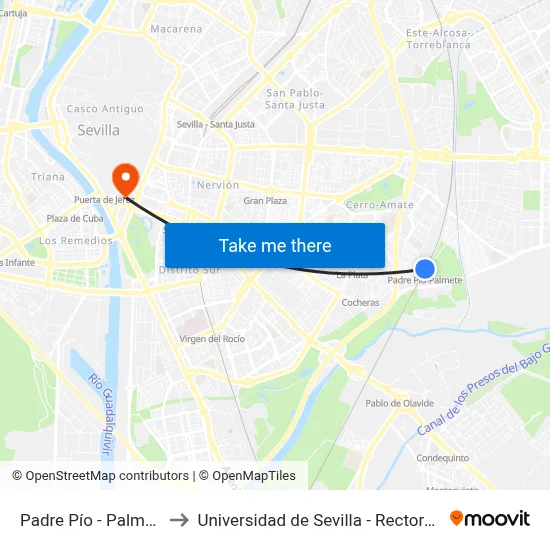 Padre Pío - Palmete to Universidad de Sevilla - Rectorado map