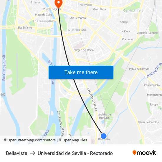 Bellavista to Universidad de Sevilla - Rectorado map