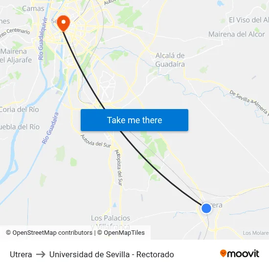 Utrera to Universidad de Sevilla - Rectorado map