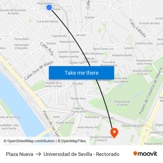 Plaza Nueva to Universidad de Sevilla - Rectorado map