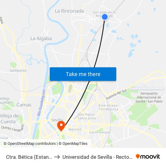Ctra. Bética (Estanco) to Universidad de Sevilla - Rectorado map