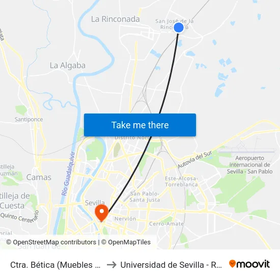 Ctra. Bética (Muebles Madrid) to Universidad de Sevilla - Rectorado map