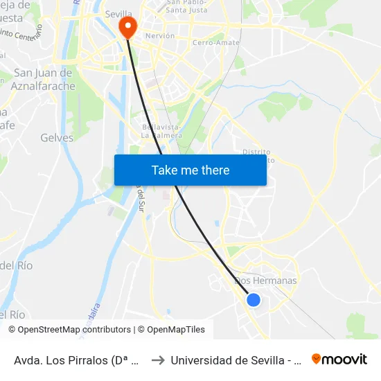Avda. Los Pirralos (Dª Mercedes) to Universidad de Sevilla - Rectorado map