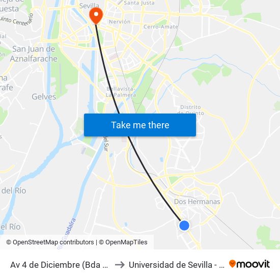 Av 4 de Diciembre (Bda El Rocío) (I) to Universidad de Sevilla - Rectorado map