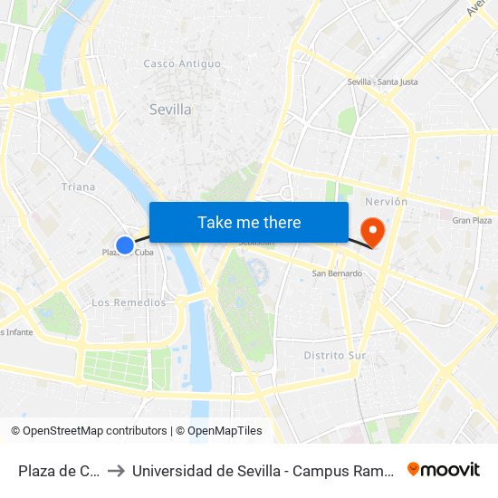 Plaza de Cuba to Universidad de Sevilla - Campus Ramón y Cajal map