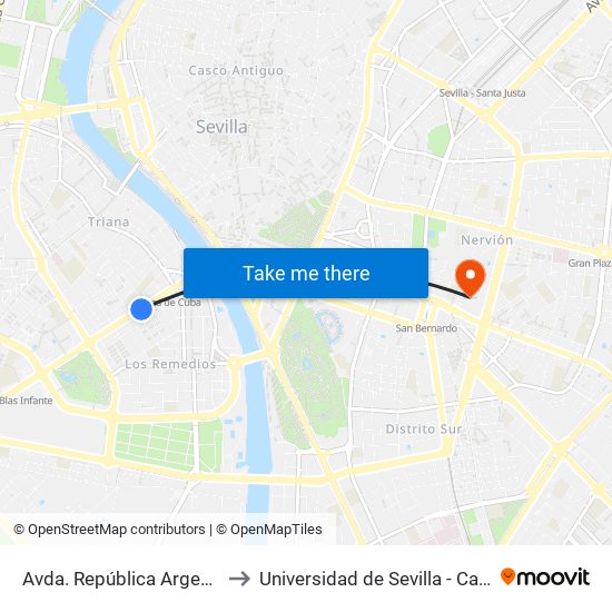 Avda. República Argentina (Calle Arcos) to Universidad de Sevilla - Campus Ramón y Cajal map