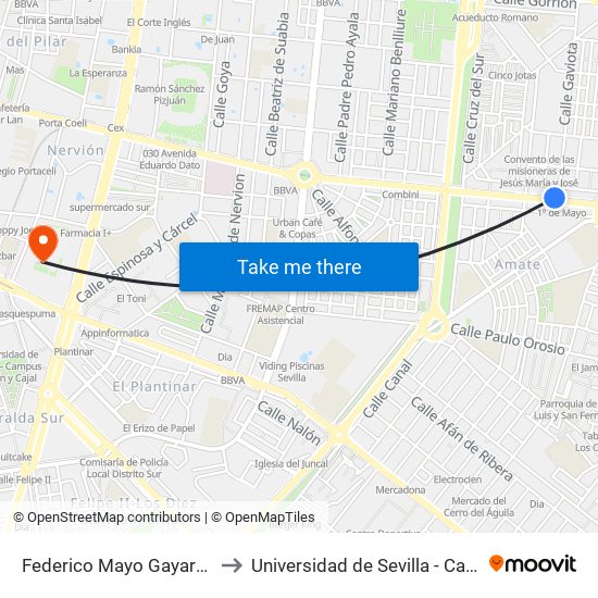 Federico Mayo Gayarre (La Candelaria) to Universidad de Sevilla - Campus Ramón y Cajal map