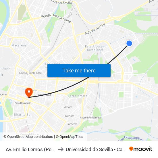 Av. Emilio Lemos (Period. E. Chinarro) to Universidad de Sevilla - Campus Ramón y Cajal map