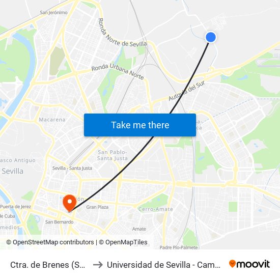 Ctra. de Brenes (San Cayetano) to Universidad de Sevilla - Campus Ramón y Cajal map