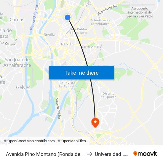 Avenida Pino Montano (Ronda de Pío Xii) to Universidad Loyola map