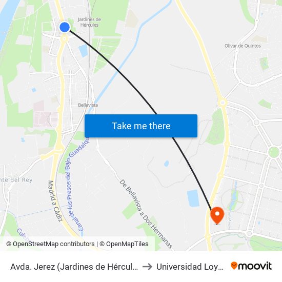 Avda. Jerez (Jardines de Hércules) to Universidad Loyola map