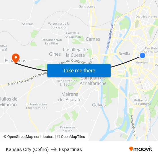 Kansas City (Céfiro) to Espartinas map