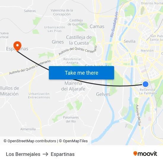 Los Bermejales to Espartinas map