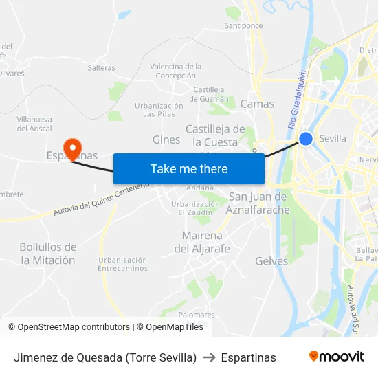 Jimenez de Quesada (Torre Sevilla) to Espartinas map