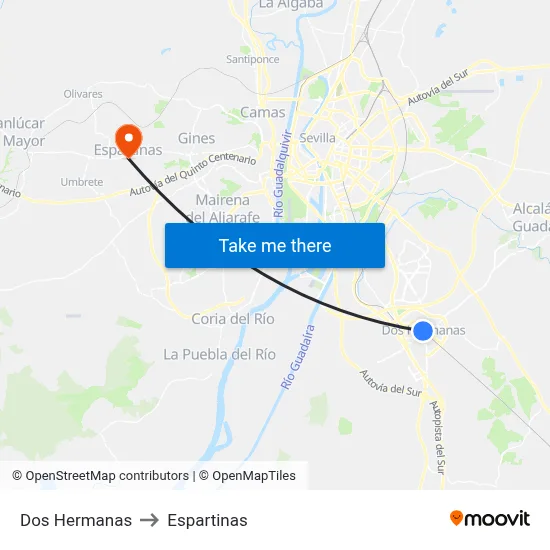 Dos Hermanas to Espartinas map
