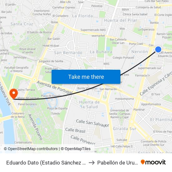 Eduardo Dato (Estadio Sánchez Pizjuán) to Pabellón de Uruguay map