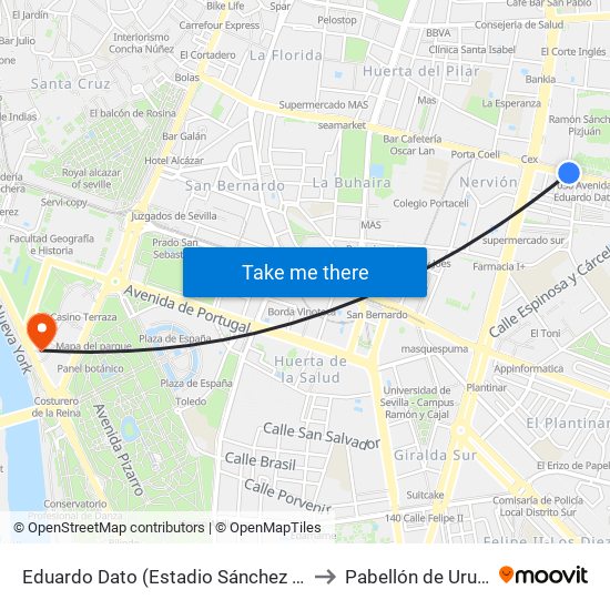 Eduardo Dato (Estadio Sánchez Pizjuan) to Pabellón de Uruguay map