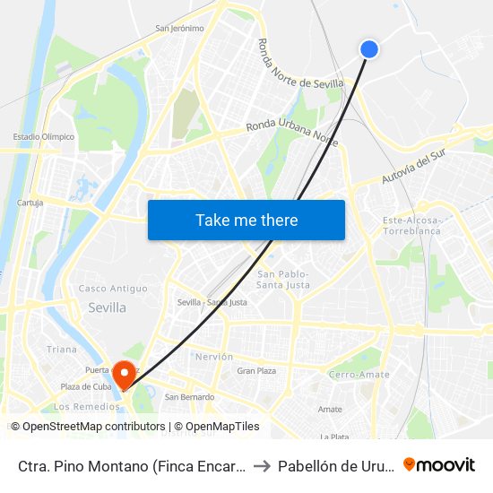 Ctra. Pino Montano (Finca Encarnación) to Pabellón de Uruguay map