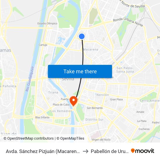 Avda. Sánchez Pizjuán (Macarena Cinco) to Pabellón de Uruguay map