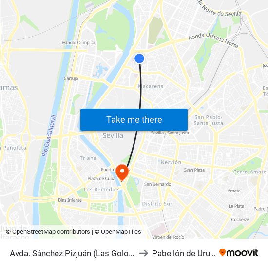Avda. Sánchez Pizjuán (Las Golondrinas) to Pabellón de Uruguay map