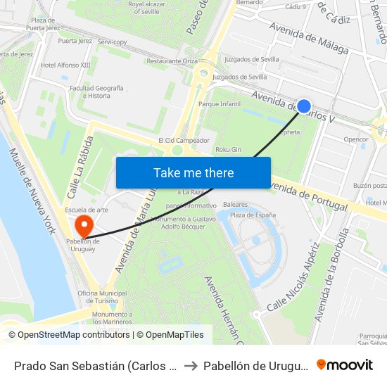 Prado San Sebastián (Carlos V) to Pabellón de Uruguay map
