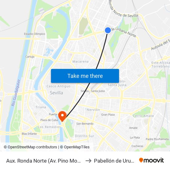 Aux. Ronda Norte (Av. Pino Montano) to Pabellón de Uruguay map