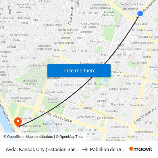 Avda. Kansas City (Estación Santa Justa) to Pabellón de Uruguay map