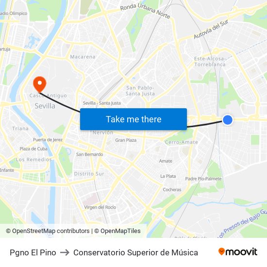 Pgno El Pino to Conservatorio Superior de Música map