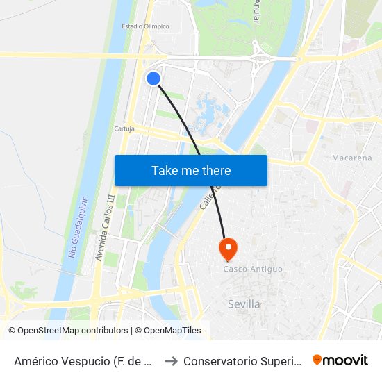 Américo Vespucio (F. de Comunicación) to Conservatorio Superior de Música map