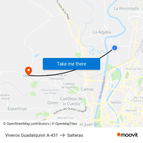 Viveros Guadalquivir A-431 to Salteras map