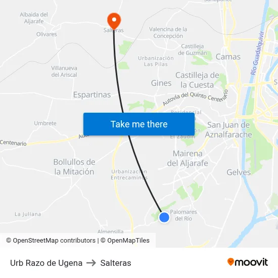 Urb Razo de Ugena to Salteras map