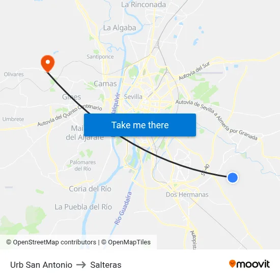 Urb San Antonio to Salteras map