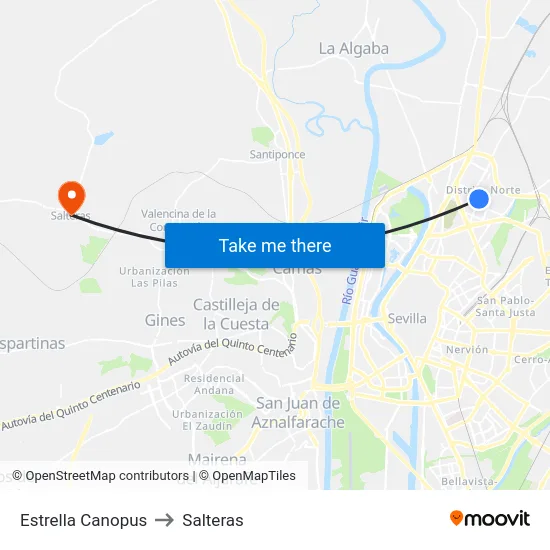 Estrella Canopus to Salteras map