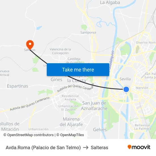 Avda.Roma (Palacio de San Telmo) to Salteras map