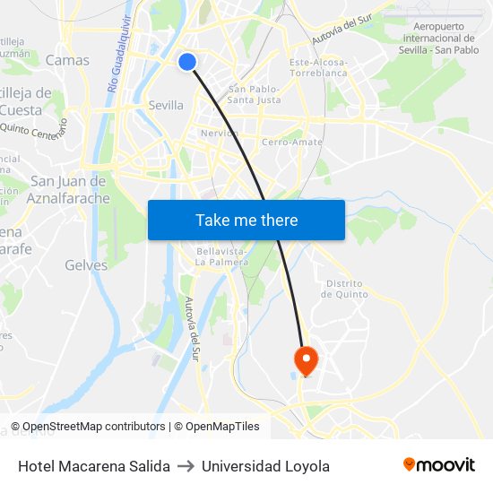 Hotel Macarena Salida to Universidad Loyola map