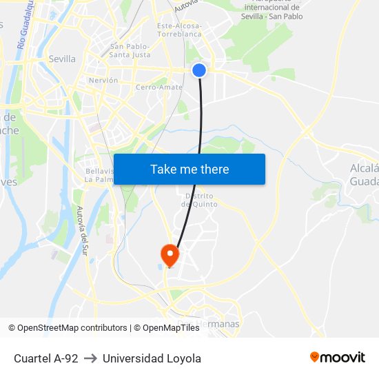 Cuartel A-92 to Universidad Loyola map
