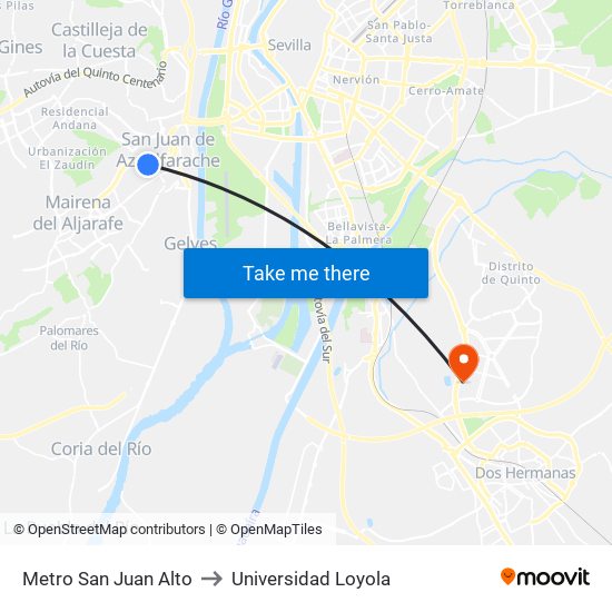 Metro San Juan Alto to Universidad Loyola map